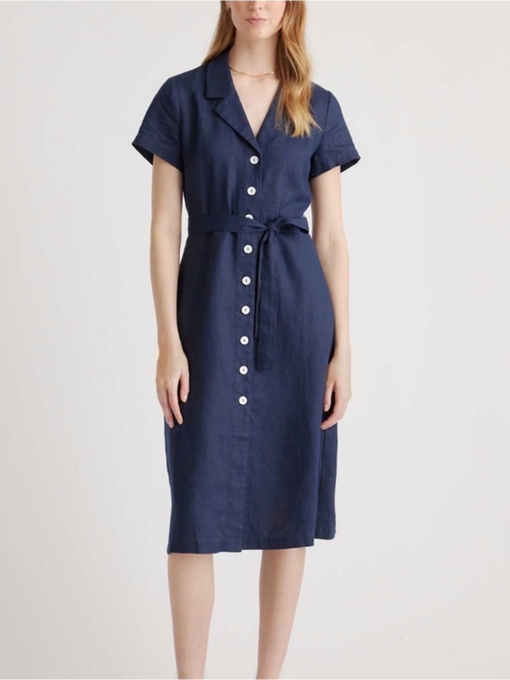 Quince linen Navy Button-Front Midi Shirt Dress with Waist Tie